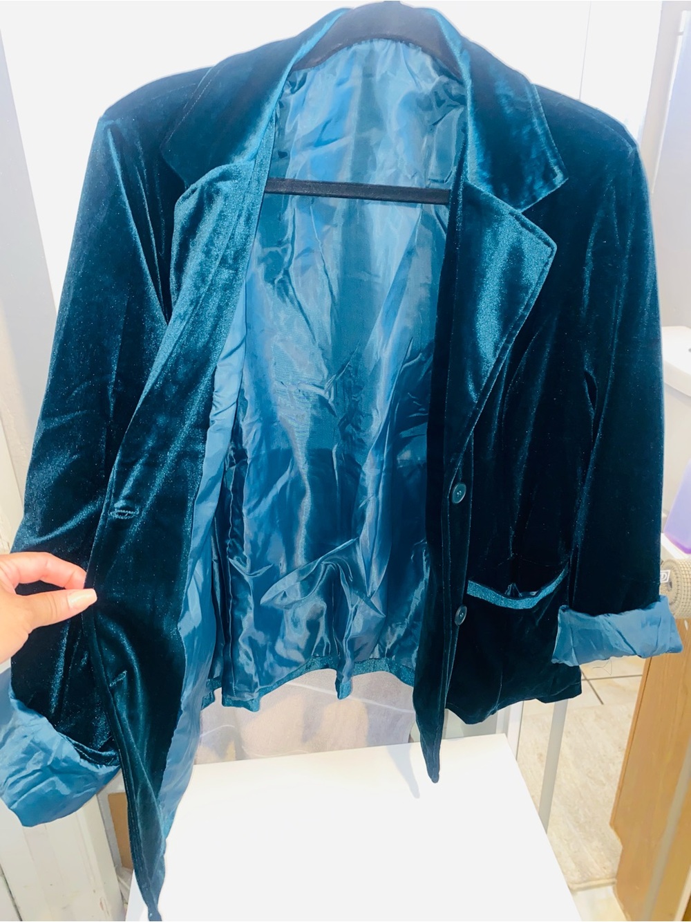 Teal Velvet Notch-Lapel Blazer Jacket - Picture 2 of 3